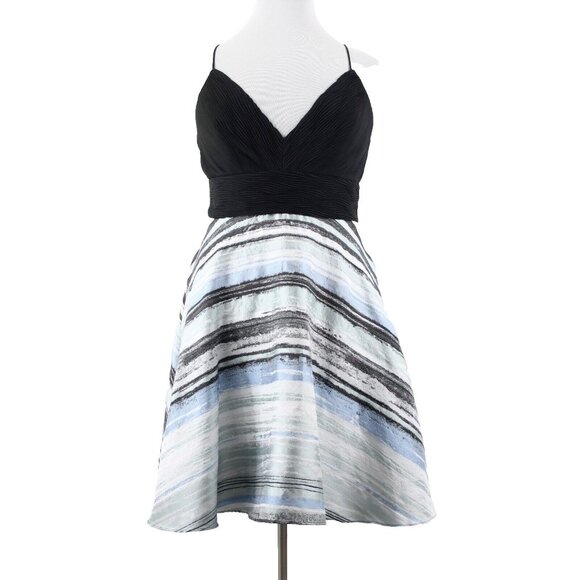 Badgley Mischka Sz 14 Black Blue Multi Striped Pocketed Lined Polyester Dress - Picture 1 of 16